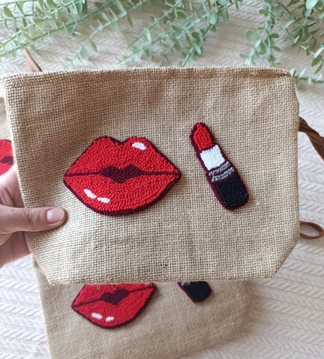 Handmade Punch Needle Clutch – Red Lip & Lipstick Design | Water-Resistant & Stylish