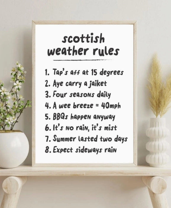 Scottish Weather Rules Print | Funny Scottish Wall Art | Scots Humour Decor | Scotland Gift | Housewarming Gift (Unframed)