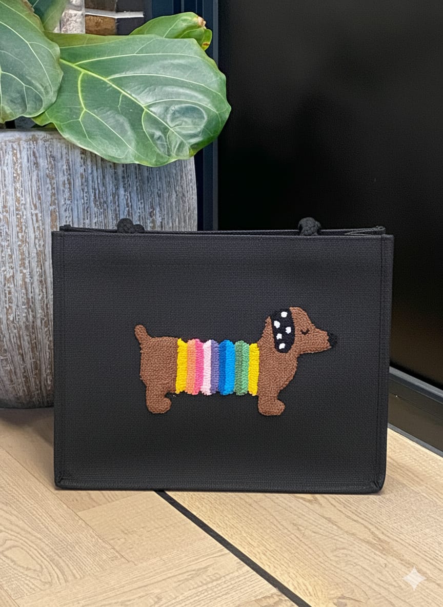 Handmade Punch Needle Shoulder Bag – Sausage Dog Design | Water-Resistant (Black)