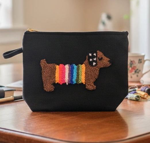 Handmade Punch Needle Clutch – Sausage Dog Design | Water-Resistant (Black)