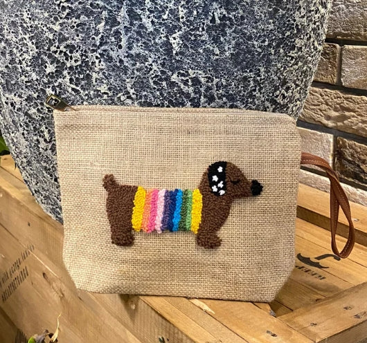 Handmade Punch Needle Clutch – Sausage Dog Design | Water-Resistant (Jute)
