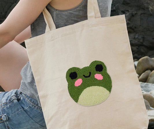 HANDMADE PUNCH NEEDLE TOTE BAG - FROG