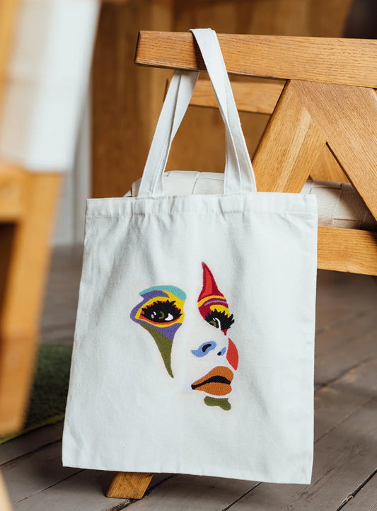 HANDMADE PUNCH NEEDLE TOTE BAG - WOMAN'S FACE