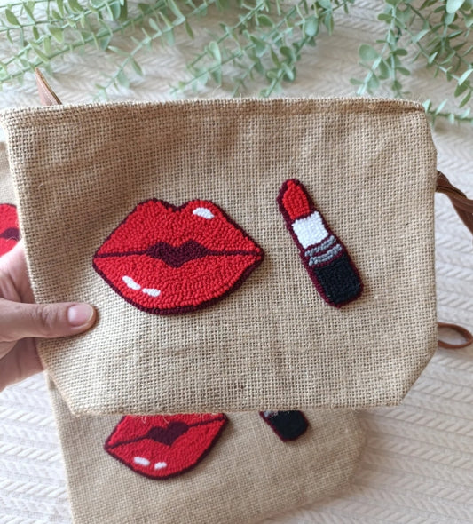 Handmade Punch Needle Clutch – Red Lip & Lipstick Design | Water-Resistant & Stylish
