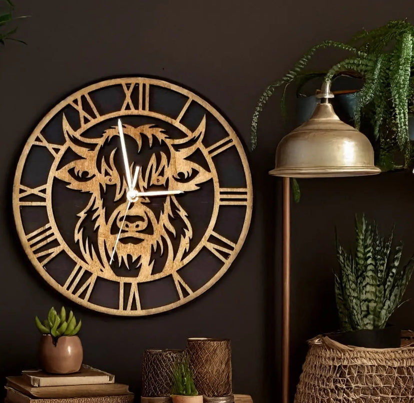 Highland Cow Wooden Wall Clock, Scotland Themed Home Decor