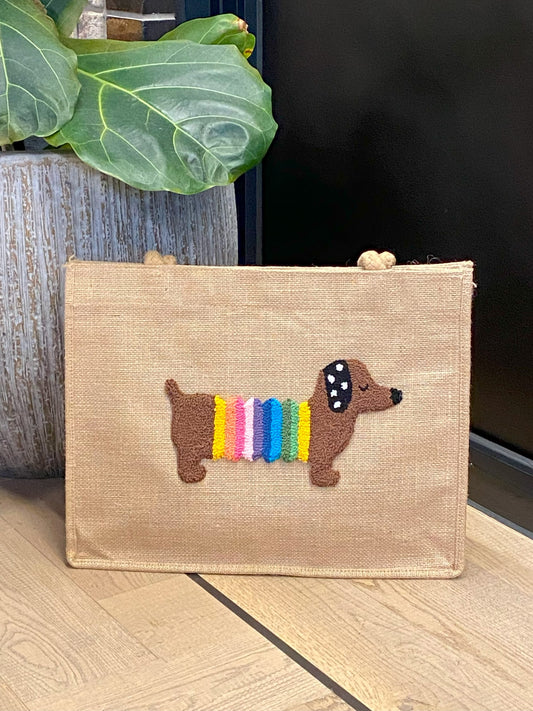 Handmade Punch Needle Shoulder Bag – Sausage Dog Design | Water-Resistant